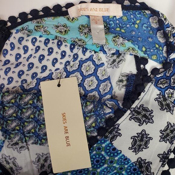 Skies Are Blue Sleeveless Romper Blue Teal White Patchwork Pom Pom Size Small - Picture 8 of 11